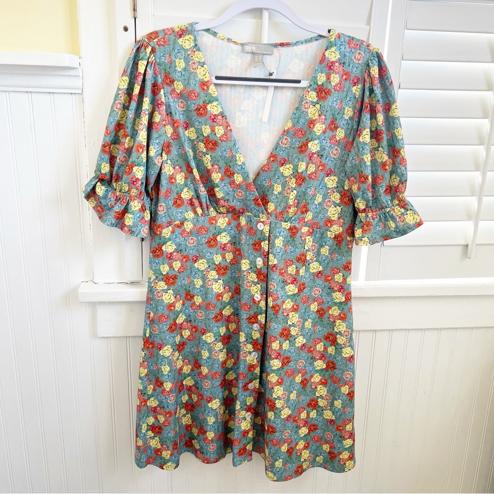 ASOS NEW Teal & Orange Floral V-Neck Puff Sleeve Tea Mini Dress Women’s Size 12